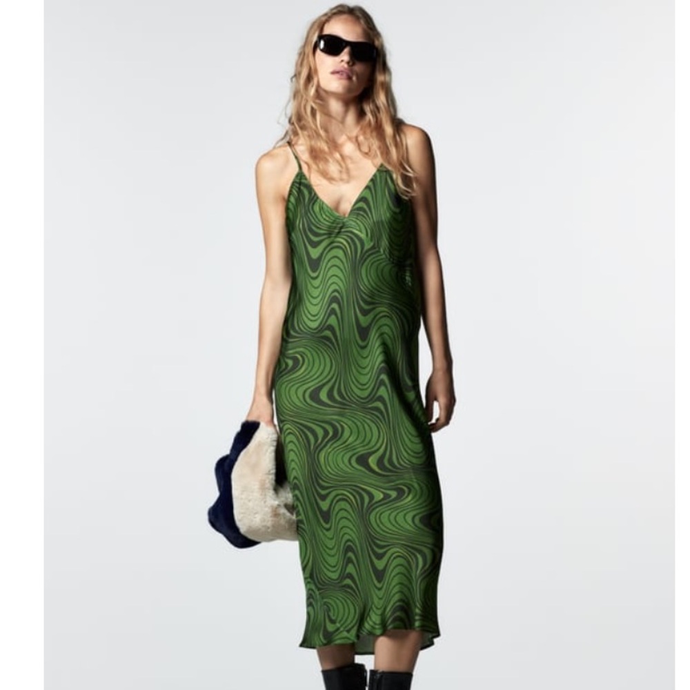 NEW Zara printed the Lara dress green midi XL womens
